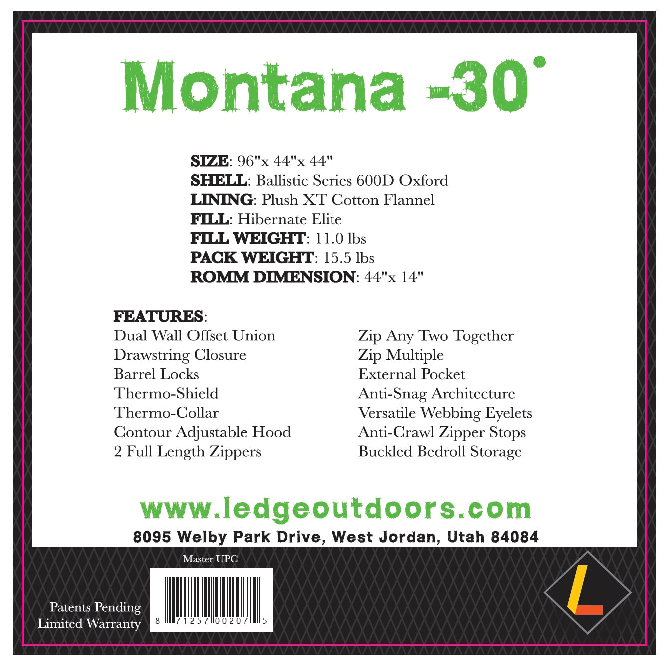Ledge Sports Montana -30 F Degree XXL Oversize Sleeping Bag (96 X 44)