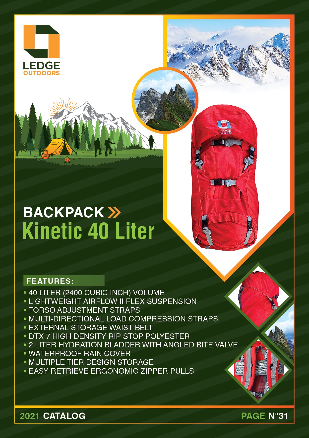 Kinetic 40 Liter Hiking Backpack (Red)